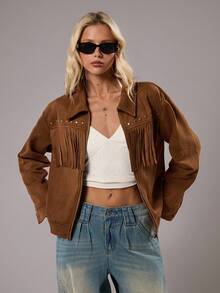 TRNVIE 1 pièce Veste décontractée style urbain  synthétique marron coupe ample avec décoration poitrine en sequins métalliques et franges, look rétro hippie pour femmes, automne/hiver