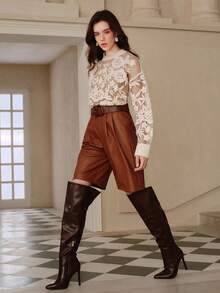 Savoree Women Autumn Sexy Flower Jacquard Sheer Mesh Panel Sweater,Long Sleeve Tops