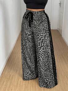 Maweii 大码女式豹纹撞色饰边腰带蝴蝶结直筒休闲裤，时尚设计，百搭，2025 年新品 - 彩色 - 查看 3