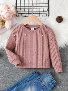 Emery Rose Kids Emery Rose Kids 年轻女孩针织毛绒罗纹铆钉圆领宽松休闲长袖保暖 T 恤，适合圣诞节、派对穿着、日常上学穿着、生日礼服、公主裙、妈妈和女儿及姐妹 - 粉色 - 查看 4