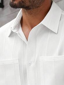 Manfinity Bizformal Men's White Casual Long Sleeve Shirt,Autumn Vacation Solid Textured Dress Shirt With Dual Pockets,Simple Elegant Business Commute Striped Shirt - White - View 7