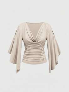 ROMWE Hippie 复古宽松露肩木珠装饰圆领收腰蝙蝠袖女式 T 恤 - 駝色 - 查看 2