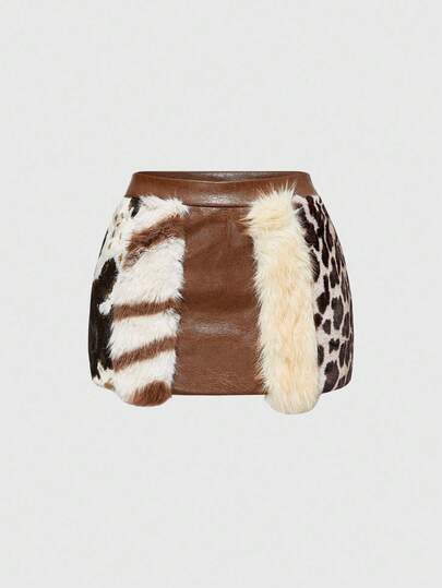 Hippie Millennium Babe Vintage Hippie Babe Animal Print Faux Fur Patchwork Mini Low-Waist PU Skirt For Women