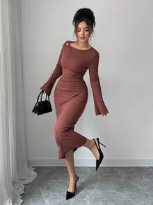 Elenzga Women's Elegant Asymmetric Collar Metal Buckle Waist Ruched Autumn Dress