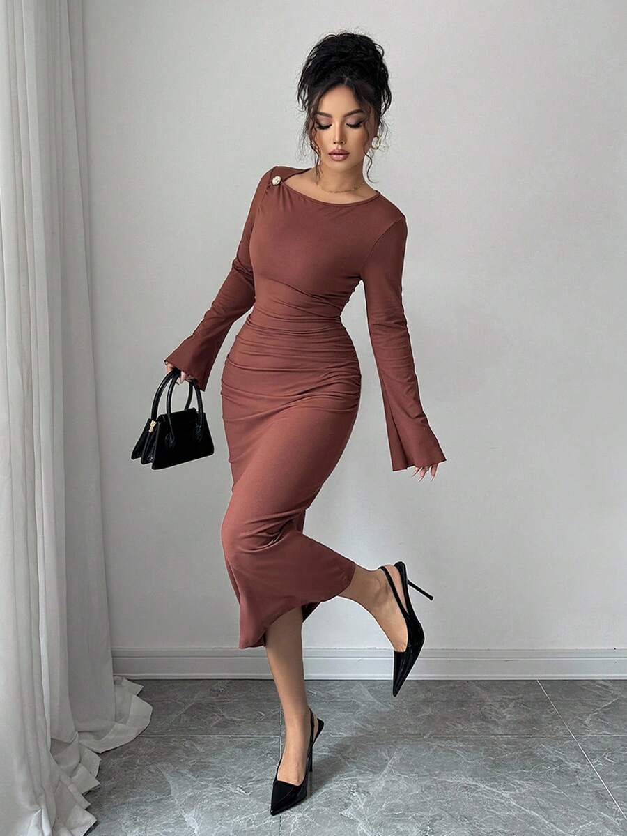 Elenzga Women's Elegant Asymmetric Collar Metal Buckle Waist Ruched Autumn Dress