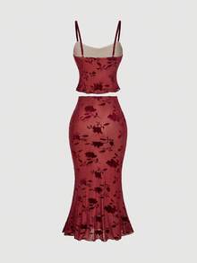 SHEIN MOD 女士花卉印花褶饰吊带背心和鱼尾裙两件套修身套装 - 紅色 - 查看 3