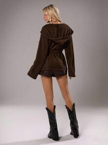 TRNVIE 1pc Women's Loose Fit Brown Hooded Coat, Open Front, Double Breasted, Cinched Waist Waist, Casual Style, Autumn/Winter - Coffee Brown - View 2