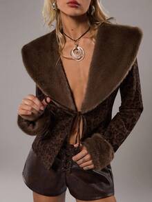 SHEIN TRNDY 1 件女式薄夹克，棕色豹纹拼布，人造毛皮饰边，性感深 V 领系带长袖，优雅，秋冬 - 彩色 - 查看 7