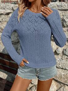 EMERY ROSE Vacation Casual Solid Color Hollow-Out Knit Sweater Everyday Dusty Blue Autumn - Dusty Blue - View 4