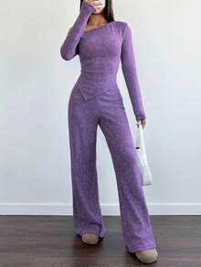 Flirla Women's Asymmetrical Shoulder Plush T-Shirt + Wide Leg Low Waist Pants 2 Pieces Set, Casual Home Wear For Winter - Dusty Purple - View 4