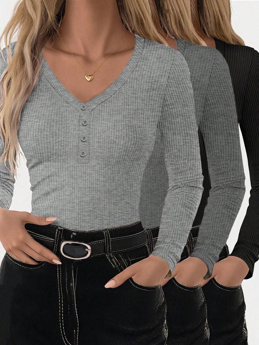 INAWLY 3pcs Women's Solid Color Button V-Neck Long Sleeve Ribbed Casual T-Shirt Set - Multicolor - View 1