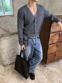 ESTAVOR Men's Embroidered Design Single-Breasted Casual Knit Cardigan, Autumn, For Fall Winter - Black - View 4