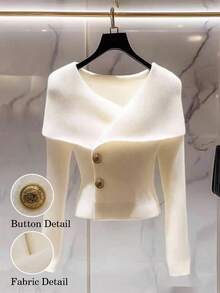 SHEIN PETITE 女士秋冬白色简约时尚交叉翻领纯色长袖金属纽扣修身开衫，适合秋冬季新年感恩节派对 - 米色 - 查看 1