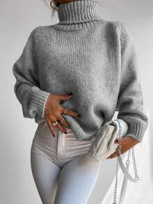 Cloudara Jersey cuello alto de manga raglán tejido de canalé - Gris - Ver 4