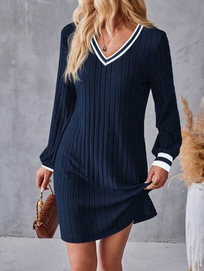 EMERY ROSE Women's Autumn/Winter New Contrast Color Knitted Ribbed Collar And Cuff Decor Long Sleeve Casual Versatile Dress