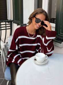 1pc Women's Black & White Striped Crew Neck Loose Fit Long Sleeve Pullover Sweater