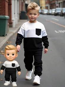 SHEIN 2pcs Young Boy Contrast Color Round Neck Long Sleeve Pocket Sweatshirt And Sweatpants Casual Suit, Autumn - Black - View 3
