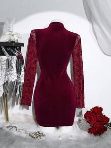 Elamini 女式天鹅绒拼布修身旗袍迷你连衣裙，中国风，适合圣诞节、秋冬季 - 酒紅色 - 查看 2