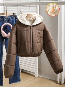 SHEIN 少女女士休闲短款连帽羽绒服，保暖内衬，宽松版型，舒适透气，适合秋冬季节日常穿着、户外活动、派对、拍照等场合 - 駝色 - 查看 4