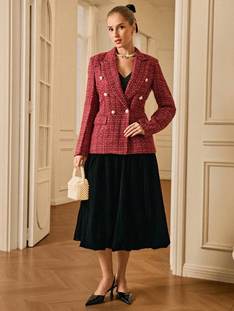 Chiquease Áo khoác blazer hai hàng khuy họa tiết kẻ caro bảo hộ lao động - Đỏ - Xem 1