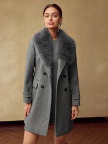 MOTF PREMIUM 女士羊毛仿皮草领大衣，秋冬 - 灰色 - 查看 6