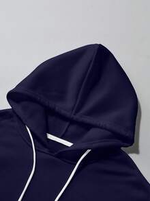 Manfinity Roghcode 男式大卫印花长袖抽绳保暖内衬休闲连帽衫，秋冬款 - 藏蓝色 - 查看 3