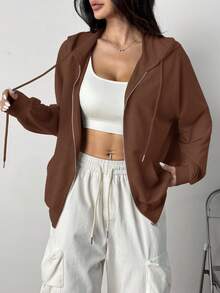 SHEIN EZwear 慕斯棕色针织女士休闲纯色连帽衫 秋冬棕色拉链连帽衫 - 棕色 - 查看 6