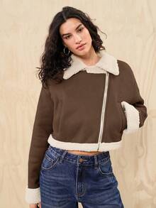 Easelle 春季泰迪绒内衬拉链卡其色机车夹克，秋冬款，Y2K棕色夹克，时尚女装，90年代风格 - 棕色 - 查看 6