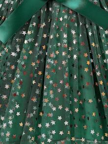 SHEIN Glamorique Kids 小女孩长袖针织薄纱星星网眼公主裙 - 綠色 - 查看 6