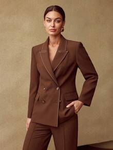 MOTF PREMIUM Áo khoác blazer nữ có đường may tương phản, mùa thu/đông - Cà phê nâu - Xem 6
