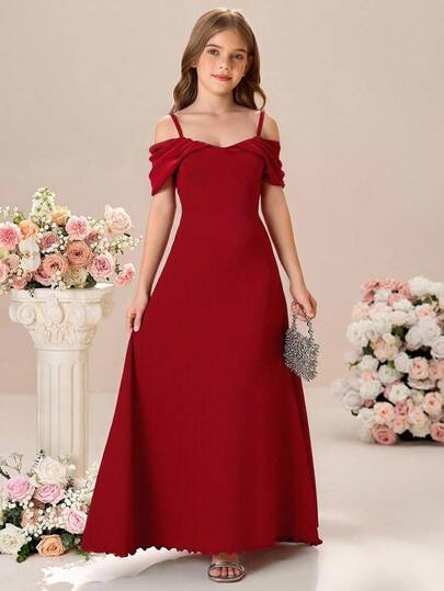 Pitira 青少年女孩优雅纯色勃艮第露肩荷叶边袖合身美人鱼长裙、圣诞礼服、化妆舞会礼服、红色礼服、仙女裙、圣诞派对礼服