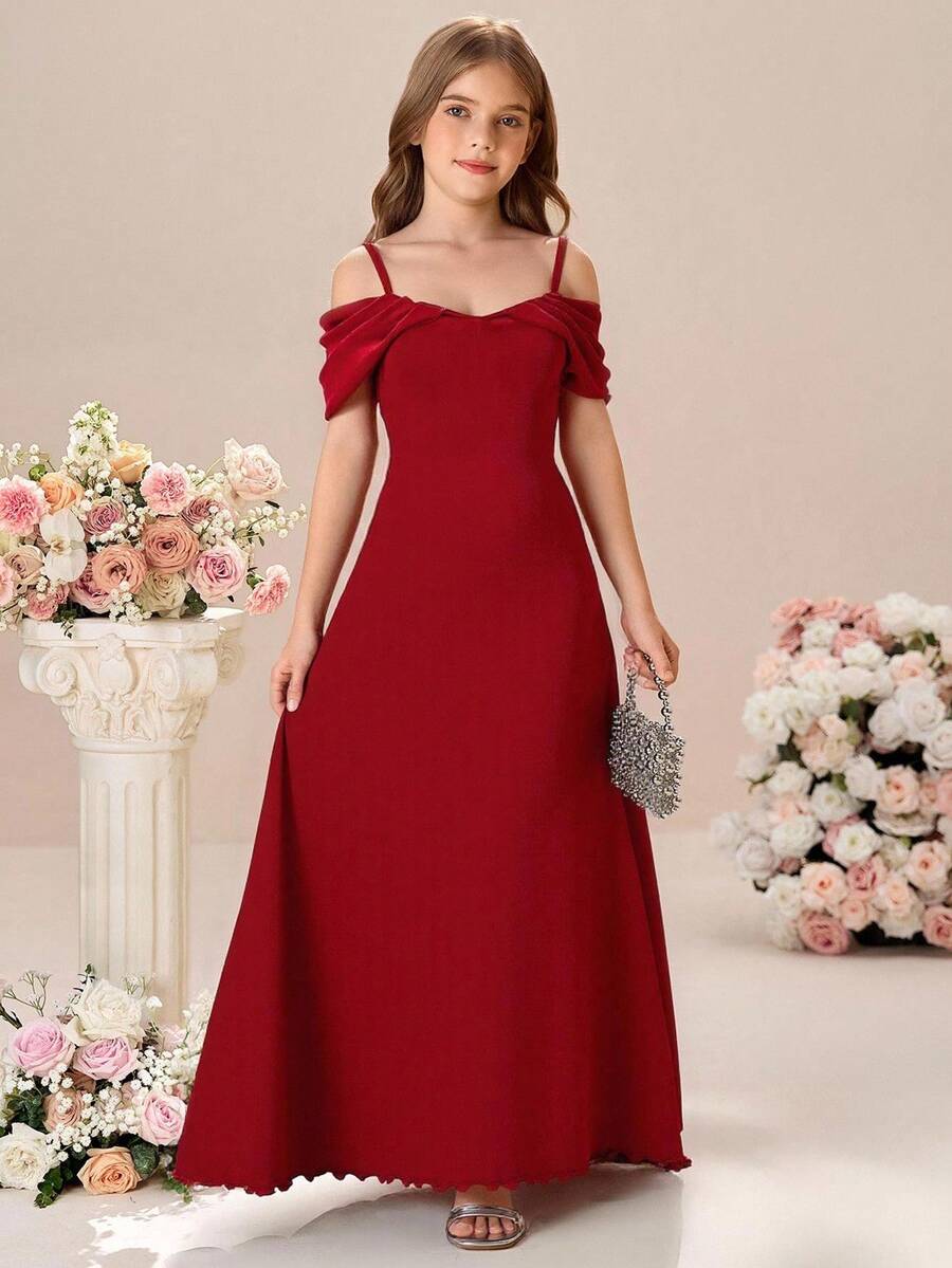 Pitira 青少年女孩优雅纯色勃艮第露肩荷叶边袖合身美人鱼长裙、圣诞礼服、化妆舞会礼服、红色礼服、仙女裙、圣诞派对礼服 - 紅色 - 查看 1