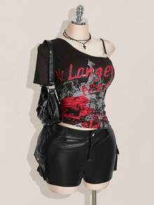 SHEIN ICON Plus Size Women Y2k Going Out Dragon Print Asymmetrical Neckline Short Sleeve Fashionable T-Shirt,Everyday Wear - Multicolor - View 5