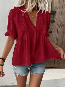 LanaWest 女式深V领泡泡袖镂空细节衬衫