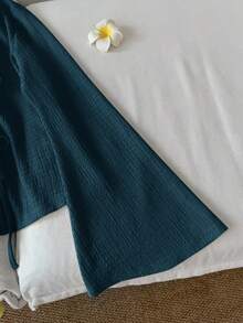 SHEIN LUNE 女士休闲纯色系带喇叭袖上衣 绿色上衣 深绿色上衣 针织衫 绿色开衫 田园风服装，休闲 - 藏蓝色 - 查看 4