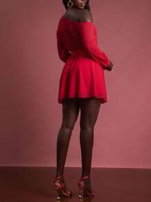 SHEIN Unity Vestido con hombros descubiertos, manga larga asimétrica, con detalles de flores y malla, para ocasiones especiales, salidas, citas, fiestas, estilo Y2K y vintage para otoño para mujeres - Rojo - Ver 2
