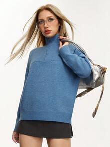 INAWLY Sweater Kasual Lengan Panjang Wanita Warna Polos dengan Resleting Setengah di Bagian Depan dan Bahu Longgar, Musim Gugur/Dingin - Biru - View 6