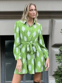 SHEIN PariChic Casual All-Over Print Button Front Shirt Dress, Autumn - Green - View 5