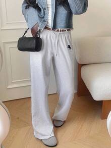 Aloruh 休闲简约运动风直筒马标志印花女式卫衣和裤子套装，适合日常穿着、家居服、运动装、秋冬装 - 淺灰色 - 查看 3