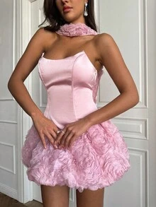 SHEIN BAE Váy ôm sát cơ thể ngắn màu hồng trơn không dây họa tiết hoa, váy họa tiết hoa 3D, váy gợi cảm và thanh lịch, váy lãng mạn, váy hẹn hò, váy sinh nhật, tiệc hộp đêm, halloween, giáng sinh, tiệc hẹn hò - Hồng - Xem 6