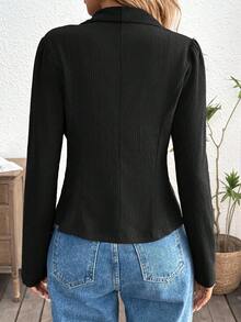 SHEIN LUNE 女款休閒短版紋理咖啡色輕秋西裝外套，黑色短版休閒辦公西裝 - 黑色 - 查看 2