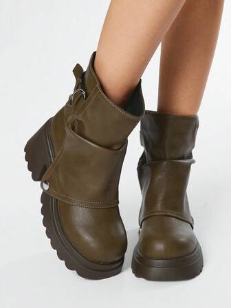 Goth Bottes mi-mollet à talon compensé épais pour femmes, style casual