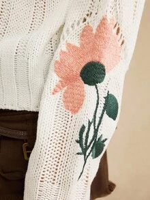 Easelle Casual Floral Embroidered Hollow Knit Sweater, Autumn Wool Pattern Autumn And Winter Sweater V-Neck White Embroidered Pattern