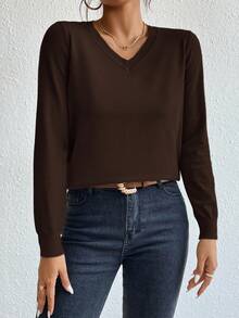 SHEIN Essnce 秋冬纯色V领上衣毛衣 - 咖啡棕 - 查看 5