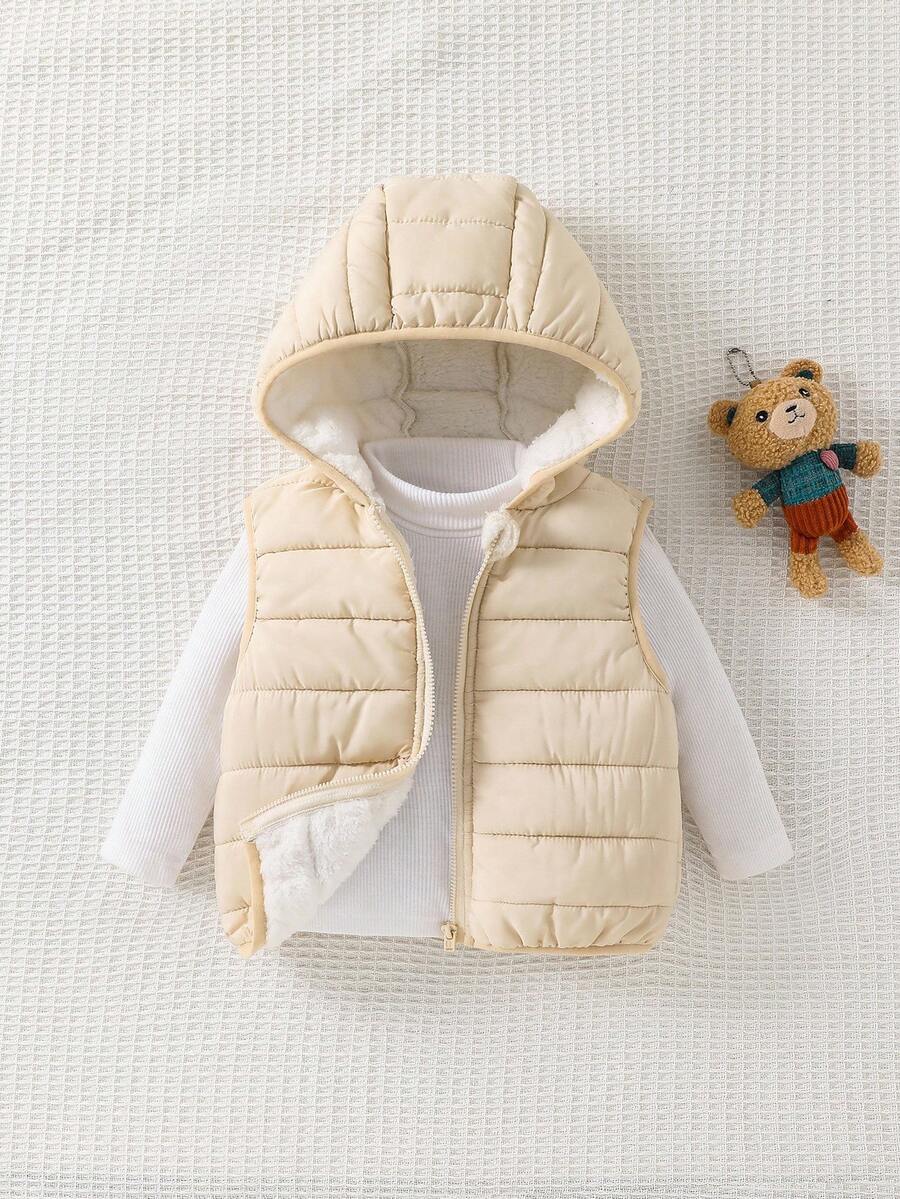 Cozy Pixies Áo khoác cardigan nỉ không tay, có mũ, khóa kéo phía trước, màu trơn cho bé trai, quần áo mùa đông cho trẻ sơ sinh, áo khoác sơ sinh, áo vest cho trẻ nhỏ, áo khoác ấm cho bé trai sơ sinh. - Màu be - Xem 1