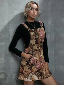SHEIN Unity Váy ngắn Jacquard thêu hoa văn thời trang thu đông cho nữ, váy ngắn Jacquard cỡ lớn cho nữ - màu nâu - Xem 4