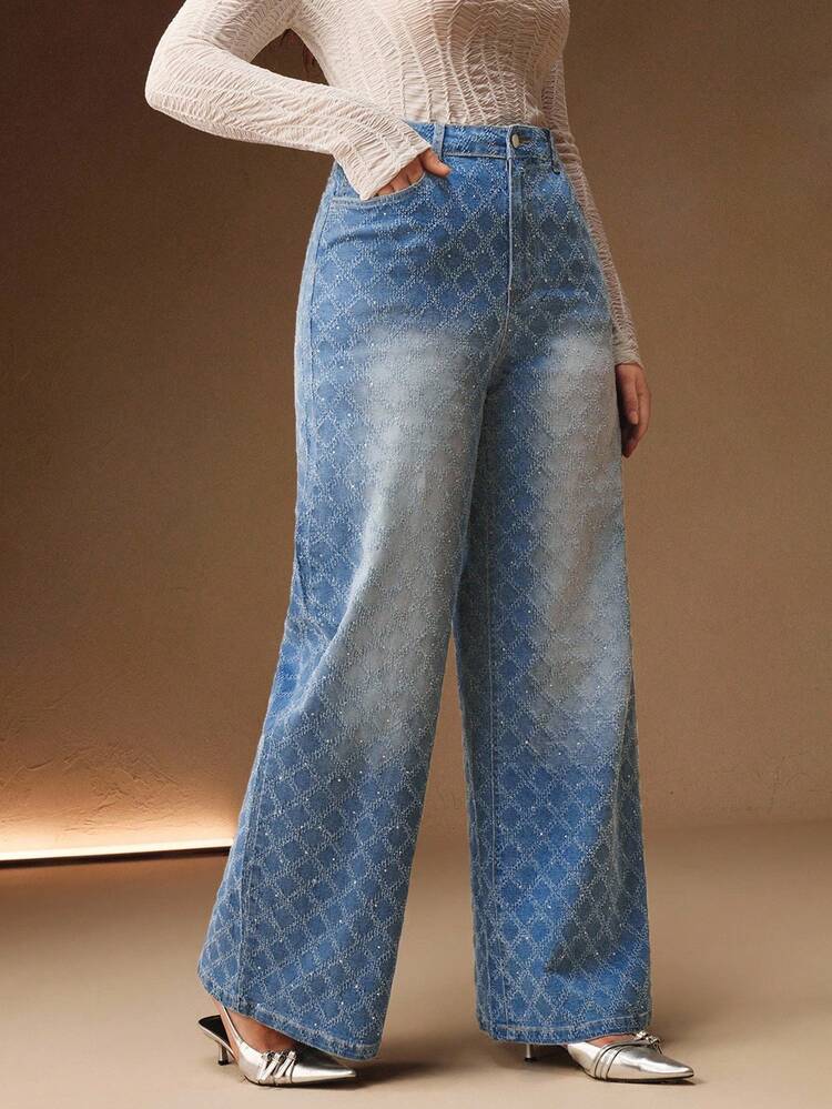 Fashionable Diamond Embellished Women's Straight Leg Blue Jeans