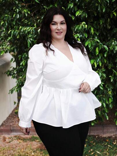 Truni Sometimesglam herfstblouse voor dames, winter plus size effen V-hals blouse met lantaarnmouwen en ruches aan de zoom, voor het peervormige driehoekige lichaamstype