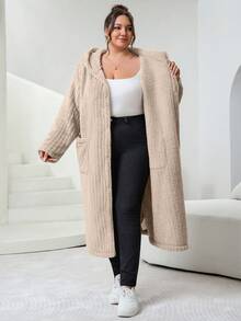 SHEIN CURVE+ Plus Size Women's Plus Size Hooded Long Sleeved Jacket, Suede Jacket, Suitable For Autumn And Winter - Khaki - View 9