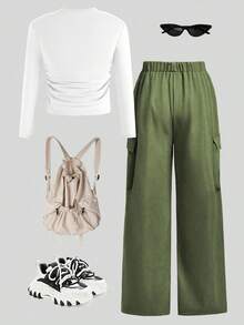 Sparklyn 2 件 Tween Girls“SLAY ALL DAY”图案印花紧身长袖上衣和直筒工装裤套装，街头风格，适合秋冬季 - 綠色 - 查看 2